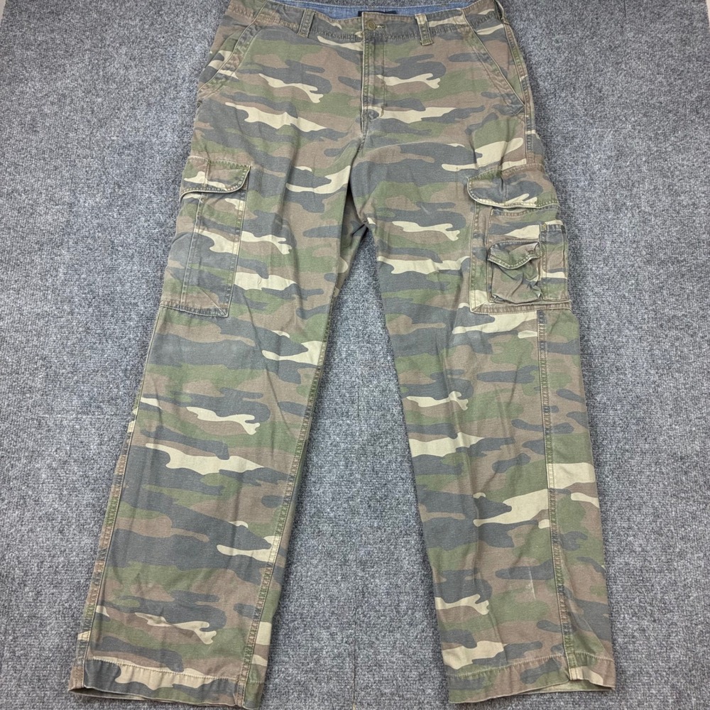 Faded Glory Mens Size 36x32 Camo Cargo Pants Green Woodland Camouflage Cotton